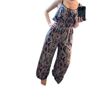 Wide leg, paisley purple,pink, and black jumpsuit romper, small, Angie
